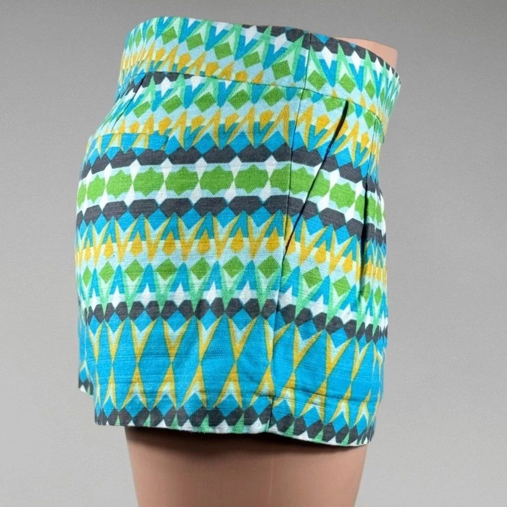 J.Crew Women Blue Green Geometric Diamond Print Pleated High Rise Shorts Size 6